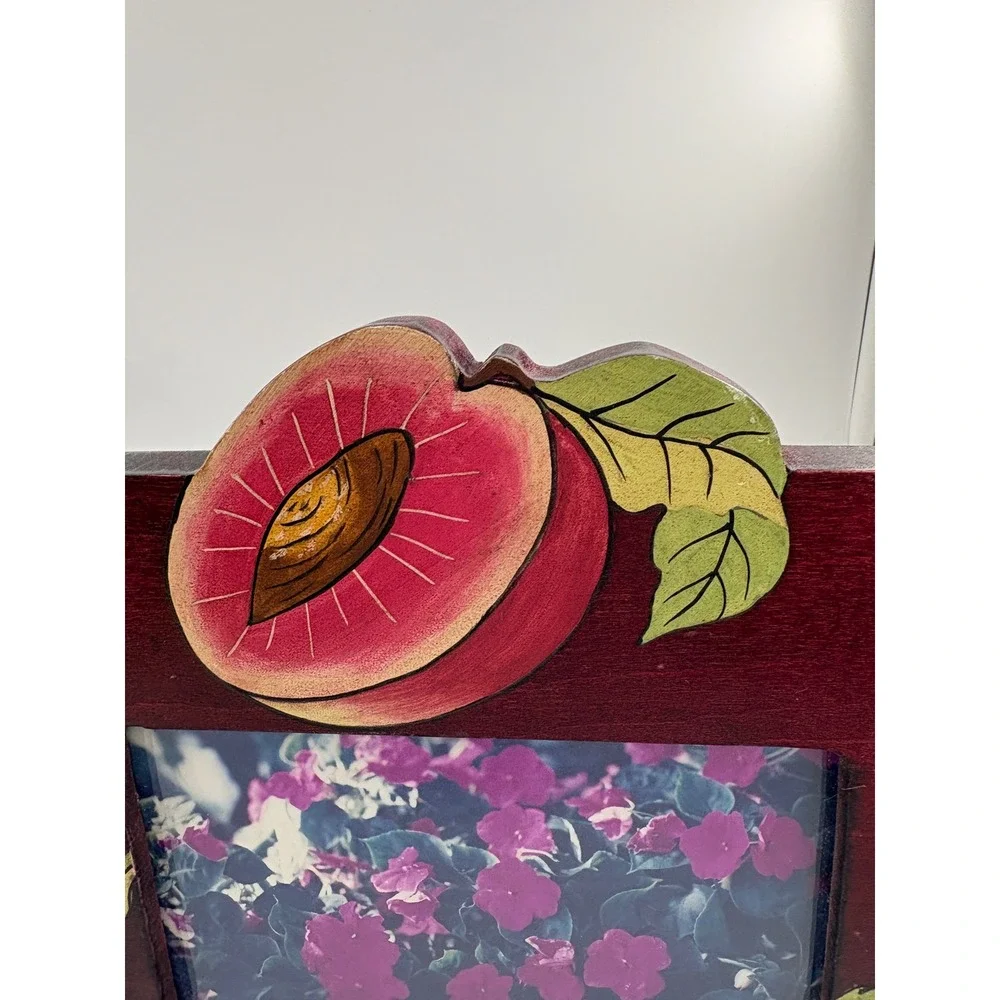 Vtg 1990s Tole Painted Cherry Wood Picture Frame Set 2 Peach Fruit Cottagecore